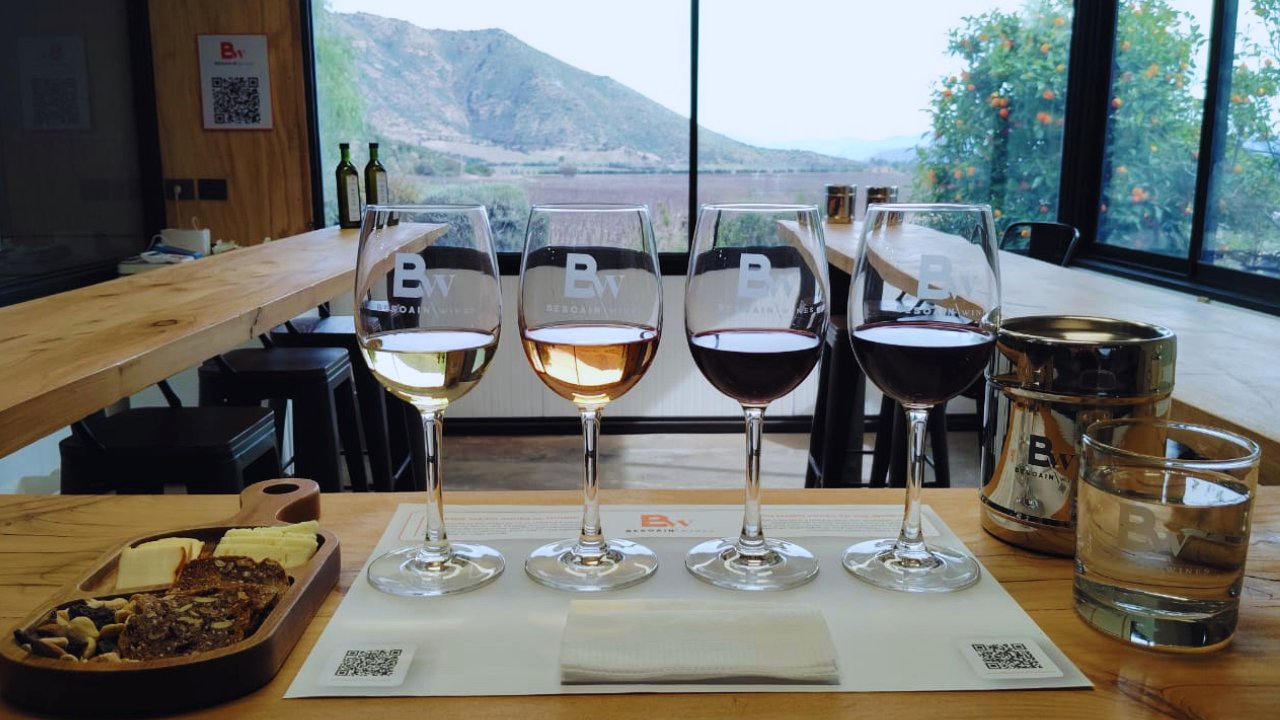 Degustación de cuatro vinos Besoain con tabla de quesos frente a la ventana con vista al viñedo y la cordillera